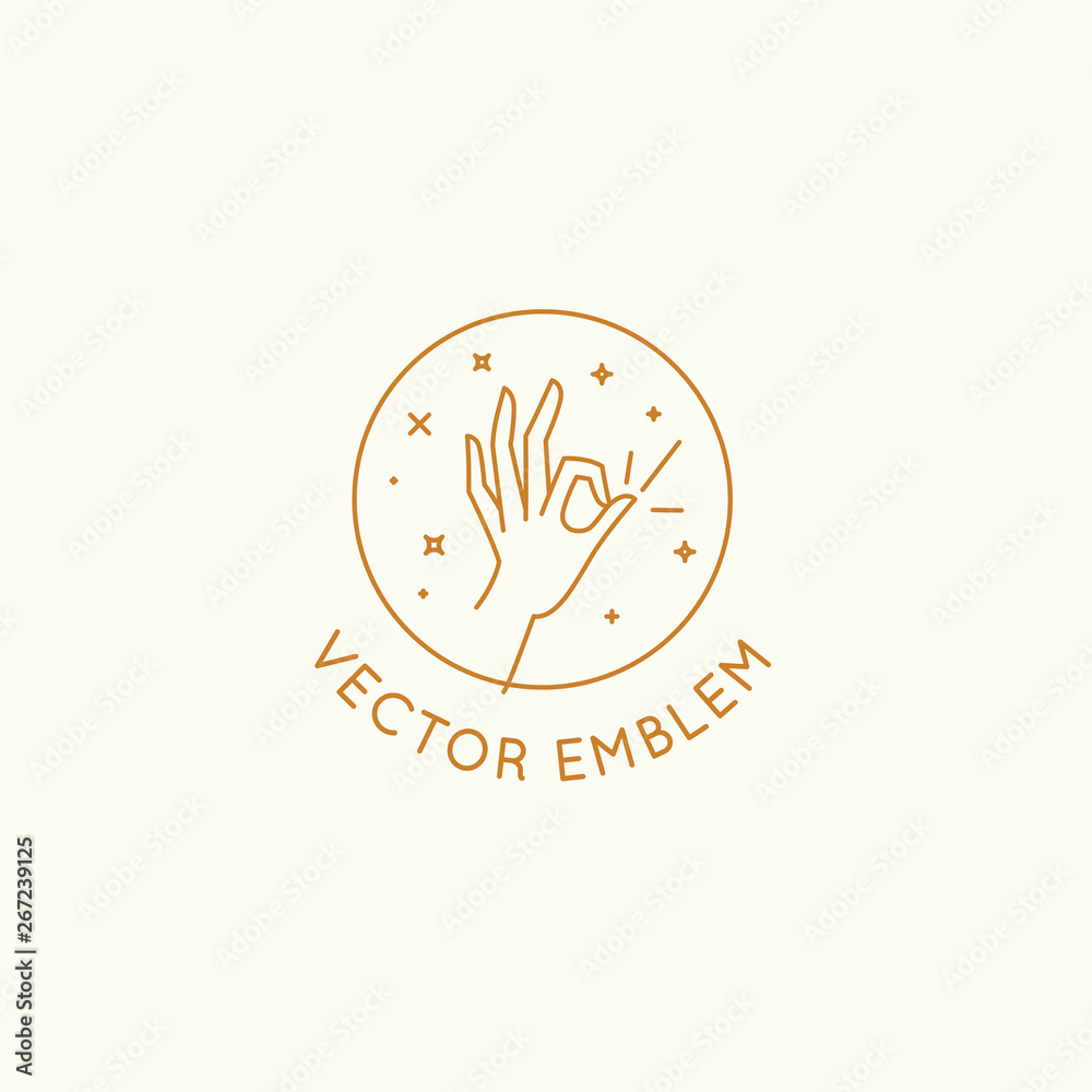 Poster Vector abstract logo design template in trendy linear minimal style - hand in okay gesture