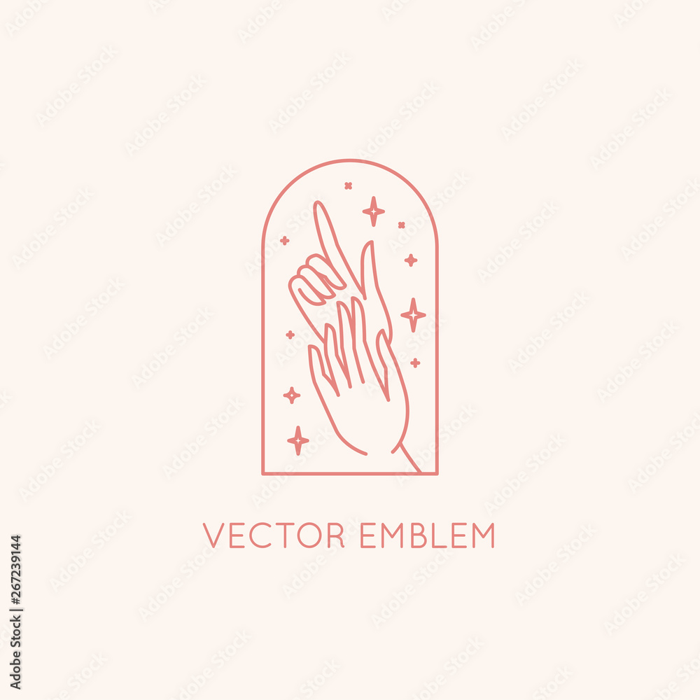 Poster Vector abstract logo design template in trendy linear minimal style - hands and stars
