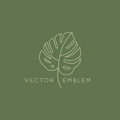 Vector abstract logo design template in trendy linear minimal style - monstera leaf - obrazy, fototapety, plakaty