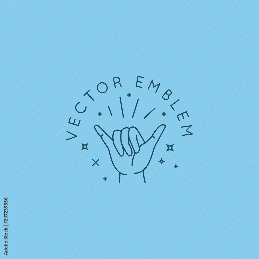 Poster Vector abstract logo design template in trendy linear minimal style - hand in shaka gesture