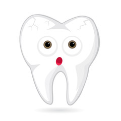 Sensitive and cracked tooth cartoon character isolated on white background. Vector illustration of dental concept