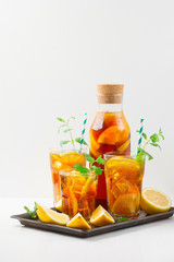 Iced tea with lemon slices, mint and ice