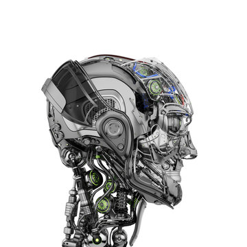 Cyborg head with visible mechanical parts, 3d rendering