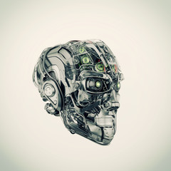 Cyborg head with visible mechanical parts, 3d rendering