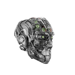 Cyborg head with visible mechanical parts, 3d rendering