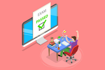 Isometric flat vector concept of passed online exam, questionnaire form. - obrazy, fototapety, plakaty
