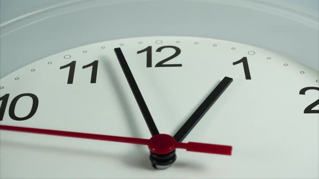Clock face running white wall clock close-up 12.50 am. and pm, Time concept, Time lapse moving fast.