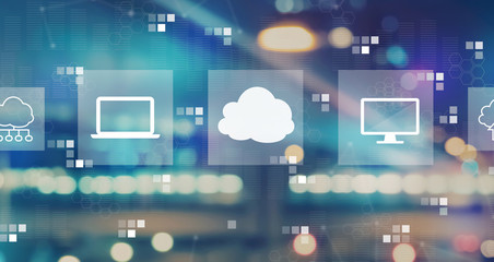 Naklejka premium Cloud computing with blurred city abstract lights background
