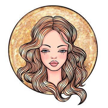 recommend clip art: portrait of a young woman with long hair, line art illustration