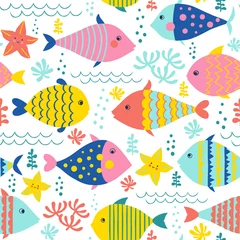 Behang Naadloze vector patroon met schattige vissen en waterplanten in felle kleuren. © Julia