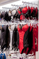 Underwear Corset at the shop window. Underwear in shop display during sale holiday season. Fashion shopping concept