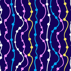 Abstract pattern. Curved stripes with circles on them. Bright colors: purple, yellow, blue. Author's seamless pattern for fabric, paper, boxes, gifts, packages.