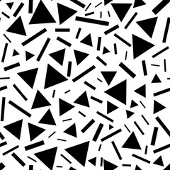 Triangles and lines seamless pattern. Monochrome chaotic triangles and short lines. Abstraction for printing, rolls, paper, membranes, fabrics, gifts, etc.