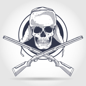 Sketch, skull with hat with ear flaps, rifles