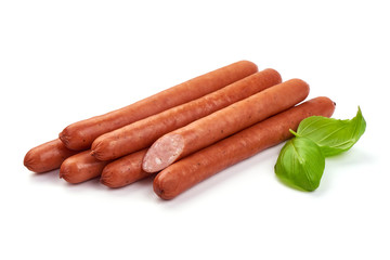 Thin Smoked Sausages with basil leaves, close-up, isolated on white background