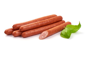 Smoked beef sausages with basil leaves, close-up, isolated on white background