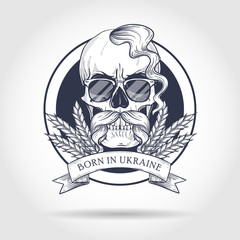 Hand drawn sketch, skull with Ukrainian flag, mustaches, spikes of wheat, oseledets hairstyle, sunglasses. Poster, flyer design