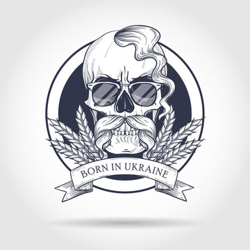 Hand drawn sketch, skull with Ukrainian flag, mustaches, spikes of wheat, oseledets hairstyle, sunglasses. Poster, flyer design