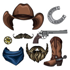 Vector sketch drawing illustration of wild West cowboys symbols: revolver, hat, boots with spurs, horseshoe, lasso, hunt for wanted, sheriff