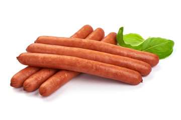 Smoked Pork Sausages with basil leaves, close-up, isolated on white background