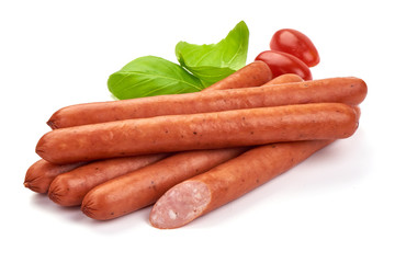 Smoked beef sausages with basil leaves, close-up, isolated on white background