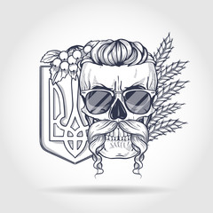 Hand drawn sketch, skull with Ukrainian emblem, mustaches, branches of viburnum, spikes of wheat, sunglasses. Poster, flyer design