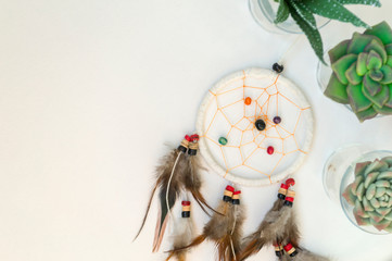 Dream catcher with feathers on a white background with place for text. Next to green and pink succulents in glass cups. Boho style.