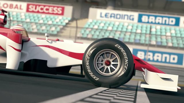 Side view of a generic race car driving across the finish line in slow motion - close-up front wheel - realistic high quality 3d animation - my own car design - no copyright/trademark infringement 