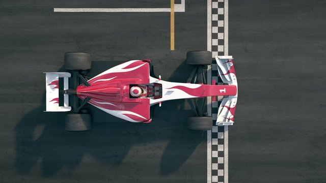 Top view of a generic race car driving across the finish line in slow motion - realistic high quality 3d animation - my own car design - no copyright/trademark infringement