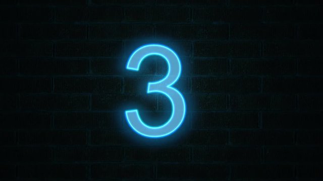 Neon style countdown flickering on brick wall. 4K 