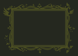 Green vector frame with various decorative elements such as heart, leaves, butterflies