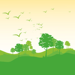 Green Landscape. For Print and Web. Ecology Concept for Earth Hour, Earth Day, Ocean Day and other ECO dates. Vector Illustration.