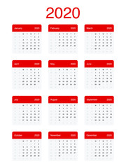 2020 Calendar Clean Minimal Simple Vector Design with a basic grid. Week Starts on Monday.