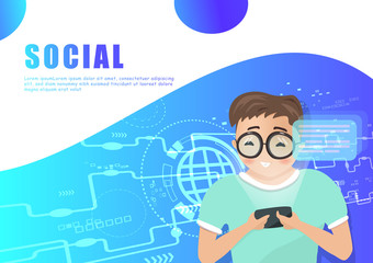 Social media, people character vector, digital technology flat design, background presentation, web, flyer, banner and cover template