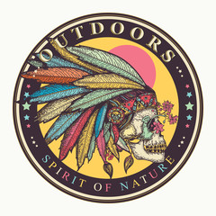 Warrior symbol. Native American indian feather headdress with human skull. Outdoors slogan. Spirit of nature