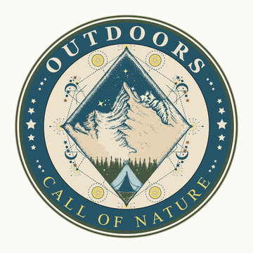 Camping in the mountain. Outdoors. Call of nature slogan. Symbol of tourism and travel