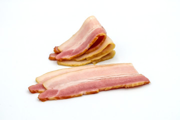 Bacon slice ready to eat on a separate white background