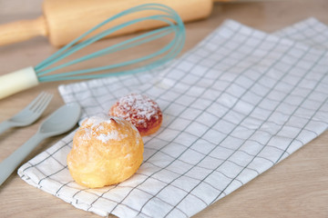 Bakery Recipe Summer Party at home. Cheese Cake food with Rolling Pin on Wooden Background. Relax Hobby