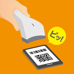 スマートフォンによるキャッシュレス決済、QRコードスキャン、バーコードスキャンのイメージイラスト