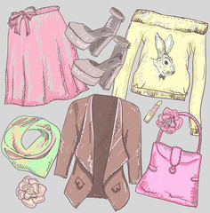 Fashion hand drawn sketch of a jacket, skirt, bag, lipstick, shoes and sweatshirt