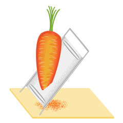 Mature beautiful carrots. Grate the vegetables on a small grater. Preparation of delicious, healthy, healthy food. Vector illustration