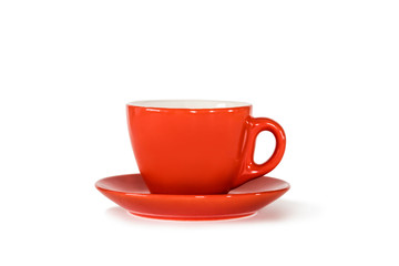mug with orange saucer on white isolate background
