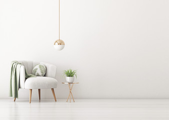 Living room interior wall mockup with gray velvet armchair, round pillow with tropical pattern, green plaid, pendant lamp and plant on empty white wall background. 3D rendering, illustration.