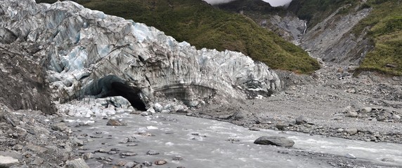 Panorama of Fox Glacier terminal face in New Zealand 