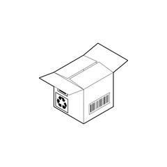 Outline cardboard box icon. Empty corrugated box with two open and two closed flaps. Isometric vector isolated on white background.