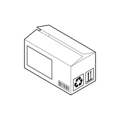 Outline icon of wide cardboard box. Empty corrugated box with two almost closed flaps. Isometric vector isolated on white background.