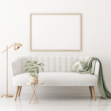 Poster mockup with horizontal frame on empty white wall in living room interior with gray velvet sofa, round pillow with tropical pattern, green plaid, lamp and plant in basket. 3D rendering.
