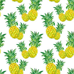 Summer seamless pattern with tropical pineapple fruits. Watercolor tropical hawaiian print.