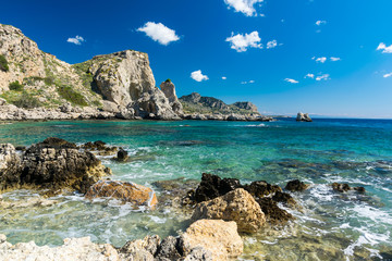 Fototapeta na wymiar Mediterranean coast on a sunny day on Rhodes.