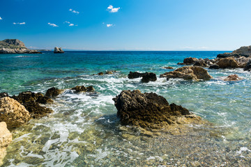 Mediterranean coast on a sunny day on Rhodes.
